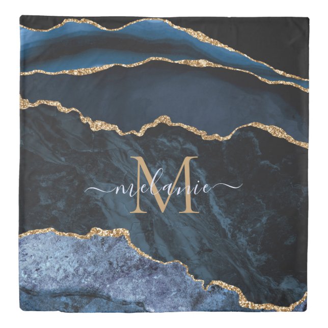 Agate Navy Blue Gold Gemstone Marble Monogram Name Duvet Cover (Front)