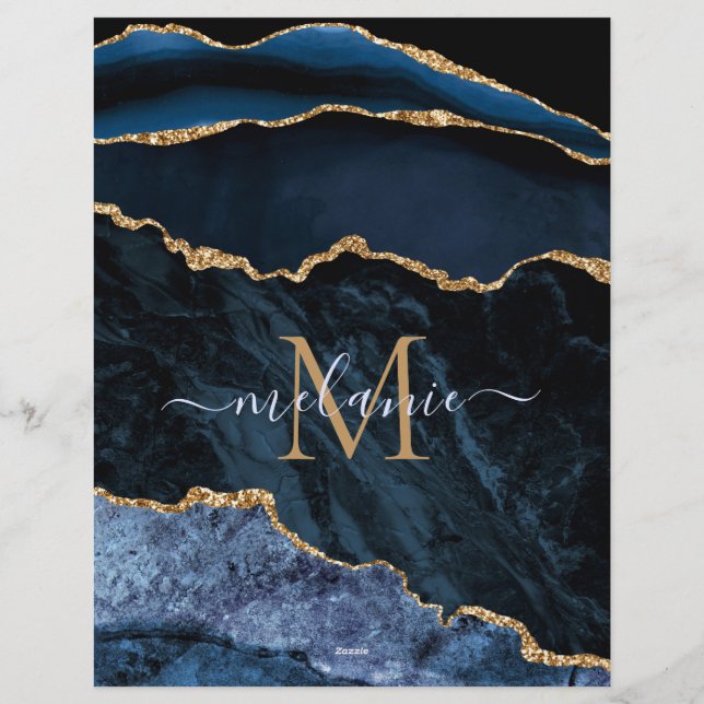 Agate Navy Blue Gold Gemstone Marble Monogram Name Letterhead (Back)