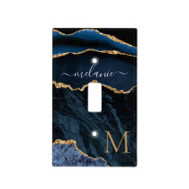 Agate Navy Blue Gold Gemstone Marble Monogram Name Light Switch Cover