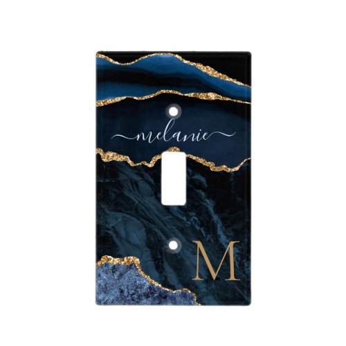 Agate Navy Blue Gold Gemstone Marble Monogram Name Light Switch Cover