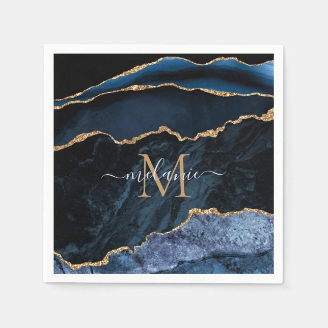 Agate Navy Blue Gold Gemstone Marble Monogram Name Napkins (Front)