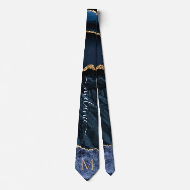 Agate Navy Blue Gold Gemstone Marble Monogram Name Neck Tie (Front)