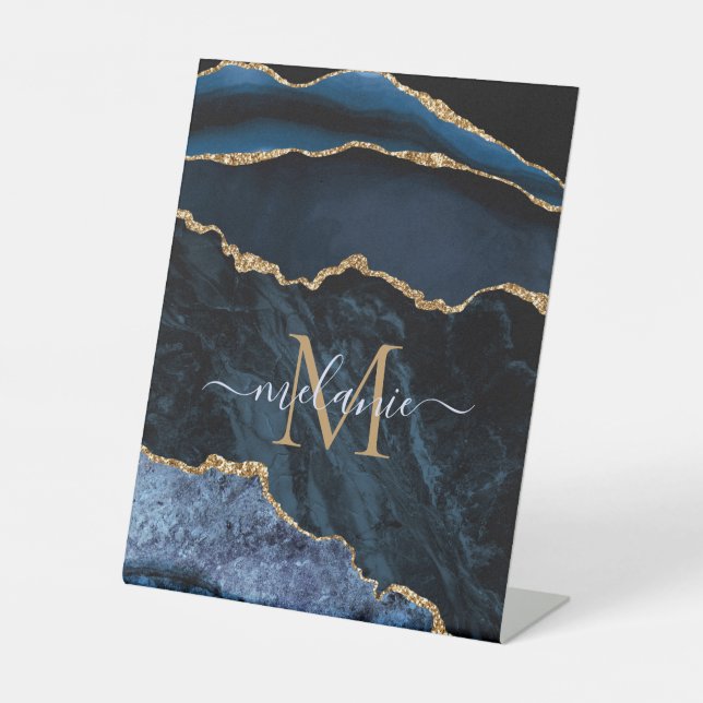 Agate Navy Blue Gold Gemstone Marble Monogram Name Pedestal Sign (Front)