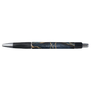 Agate Navy Blue Gold Gemstone Marble Monogram Name Pen
