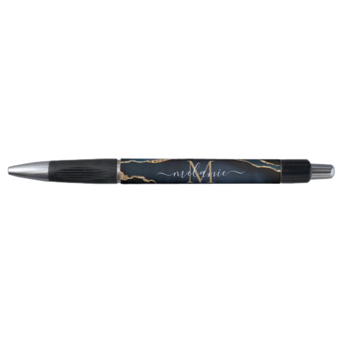 Agate Navy Blue Gold Gemstone Marble Monogram Name Pen