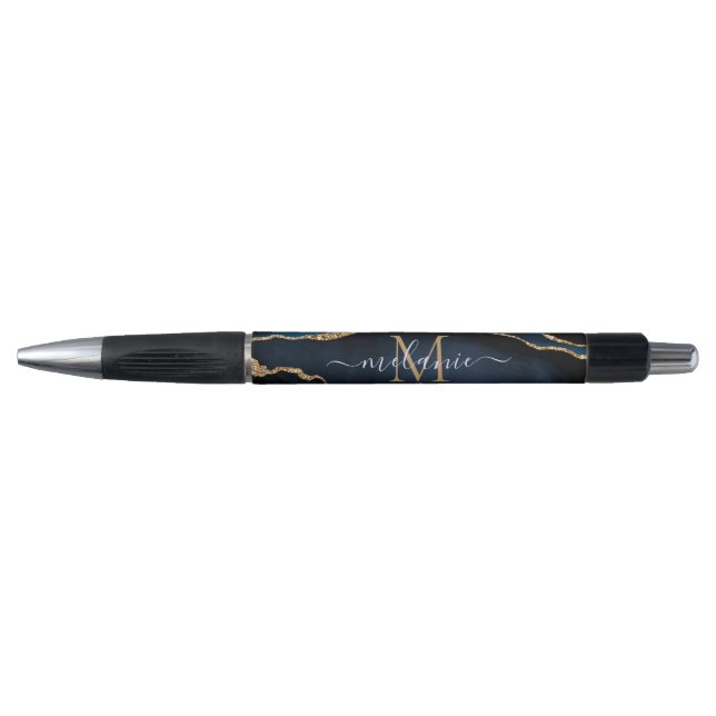 Agate Navy Blue Gold Gemstone Marble Monogram Name Pen (Front)