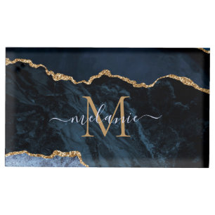 Agate Navy Blue Gold Gemstone Marble Monogram Name Place Card Holder