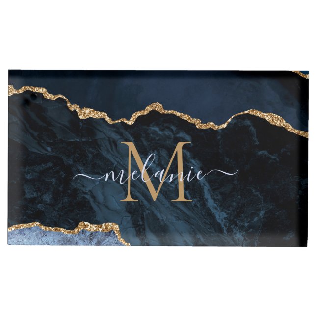 Agate Navy Blue Gold Gemstone Marble Monogram Name Place Card Holder (Front)