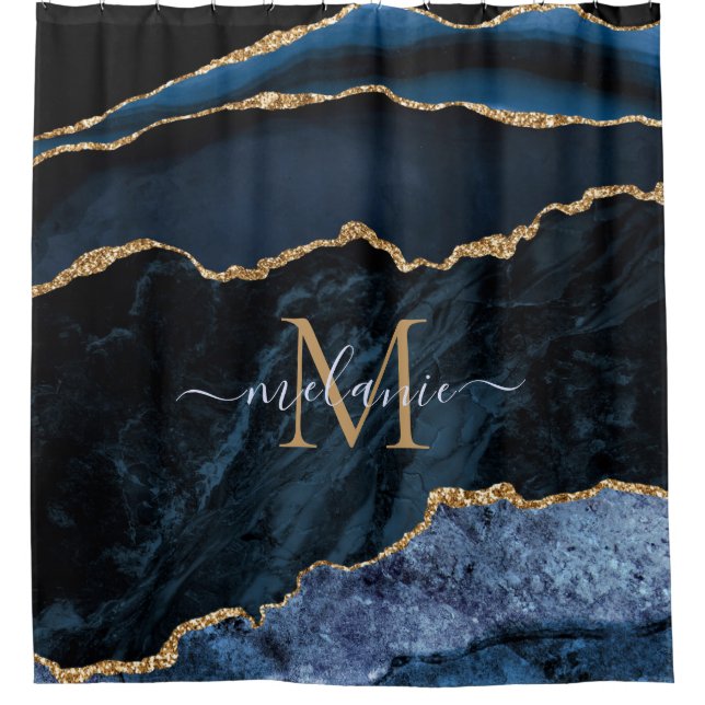 Agate Navy Blue Gold Gemstone Marble Monogram Name Shower Curtain (Front)