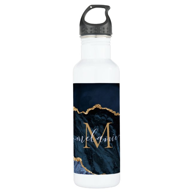 Agate Navy Blue Gold Gemstone Marble Monogram Name Stainless Steel Water Bottle (Front)