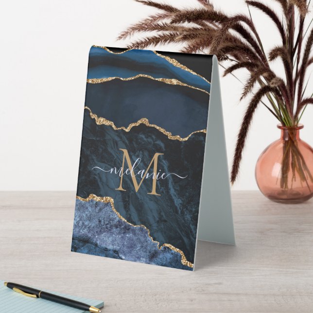 Agate Navy Blue Gold Gemstone Marble Monogram Name Table Tent (In SItu (Table))