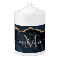 Agate Navy Blue Gold Gemstone Marble Monogram Name Teapot