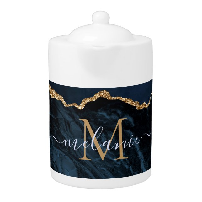 Agate Navy Blue Gold Gemstone Marble Monogram Name Teapot (Front)
