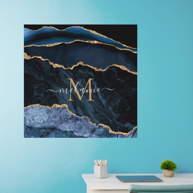 Agate Navy Blue Gold Gemstone Marble Monogram Name Wall Decal (Home Office)