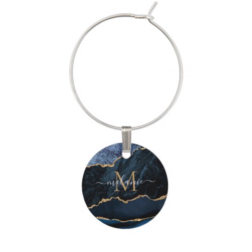 Agate Navy Blue Gold Gemstone Marble Monogram Name Wine Charm