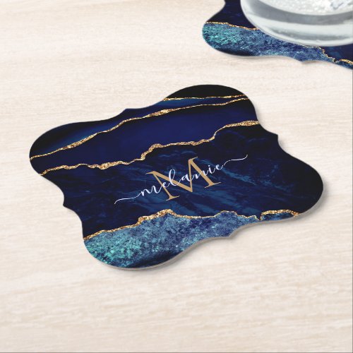 Agate Navy Blue Gold Gemstone Marble Monogram Paper Coaster