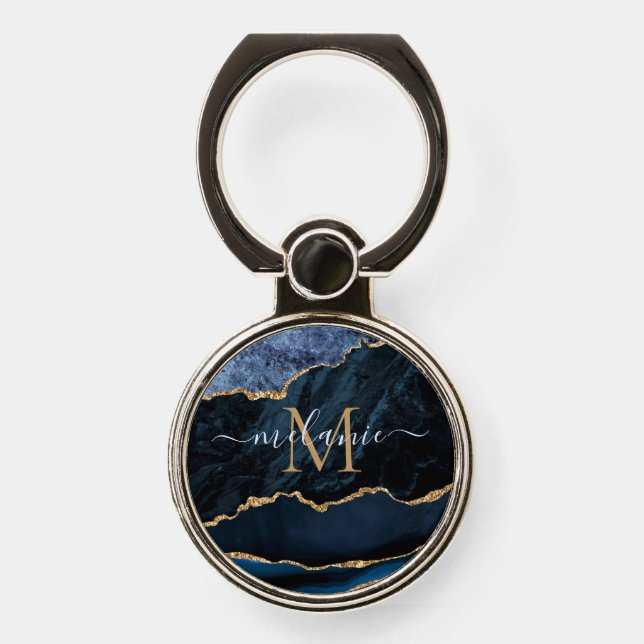 Agate Navy Blue Gold Gemstone Marble Monogram Phone Ring Stand (Front)