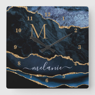 Agate Navy Blue Gold Gemstone Marble Monogram Square Wall Clock