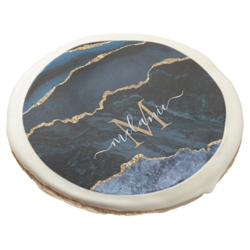 Agate Navy Blue Gold Gemstone Marble Monogram  Sugar Cookie