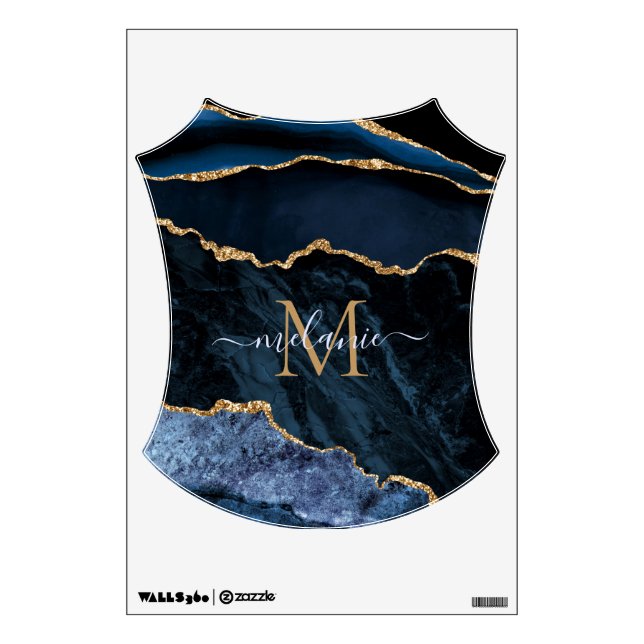 Agate Navy Blue Gold Gemstone Marble Monogram Wall Decal (Front)