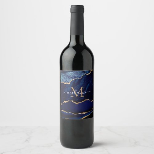 Agate Navy Blue Gold Gemstone Marble Monogram  Wine Label