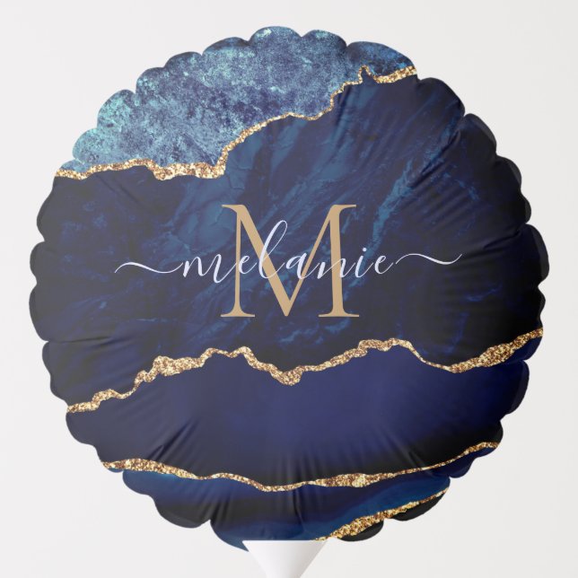 Agate Navy Blue Gold Gemstone Marble Name Balloon (Back)