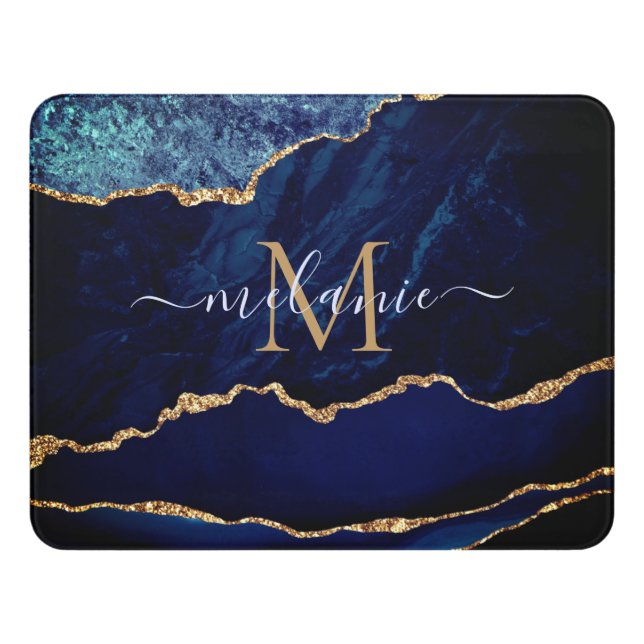 Agate Navy Blue Gold Gemstone Marble Your Name Door Sign (Contemporary Front)