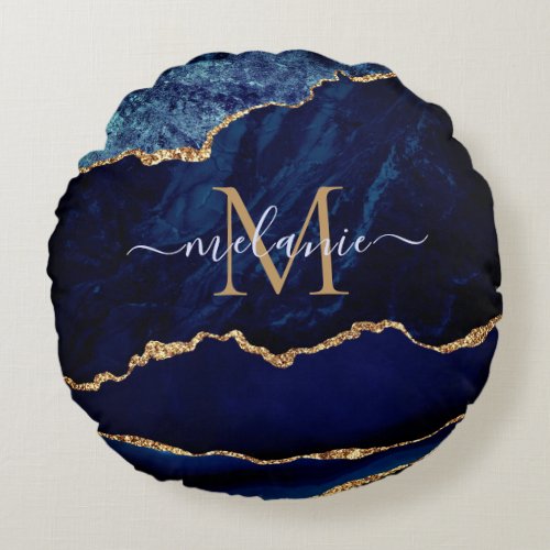 Agate Navy Blue Gold Gemstone Marble Your Name Round Pillow