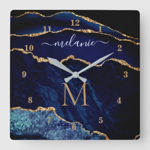 Agate Navy Blue Gold Gemstone Marble Your Name Square Wall Clock