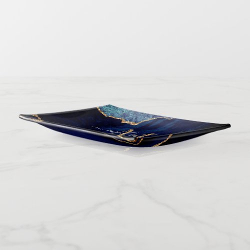 Agate Navy Blue Gold Gemstone Marble Your Name Trinket Tray