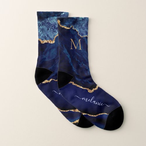 Agate Navy Blue Gold Gemstone Socks _ Monogram