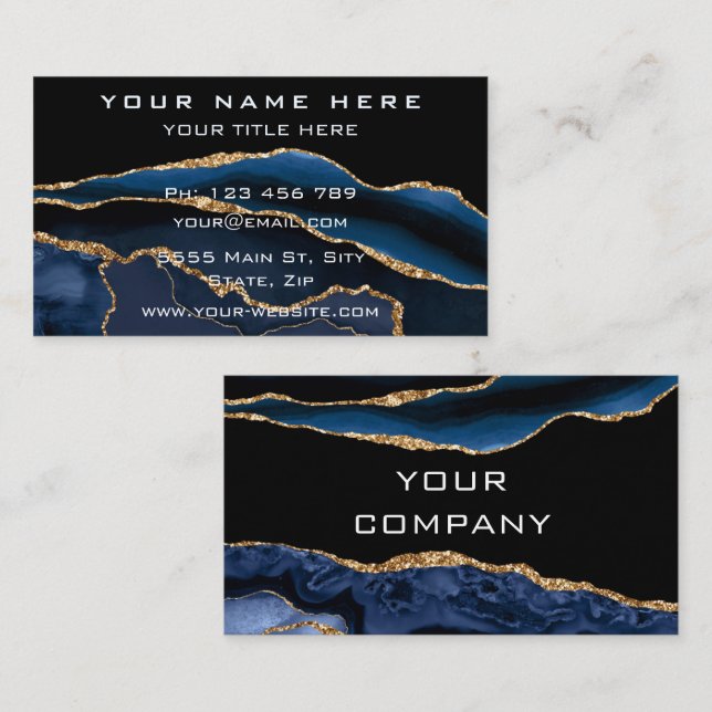 Agate Navy Blue Gold Geode Gemstone Business Card (Front/Back)