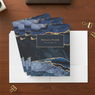 Agate Navy Blue Gold Geode Professional Pocket Folder