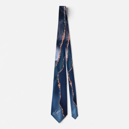 Agate Navy Blue Gold Glitter Luxury Monogram Neck Tie