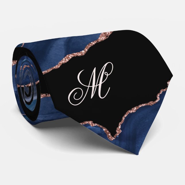 Agate Navy Blue Gold Glitter Luxury Monogram  Neck Tie (Rolled)