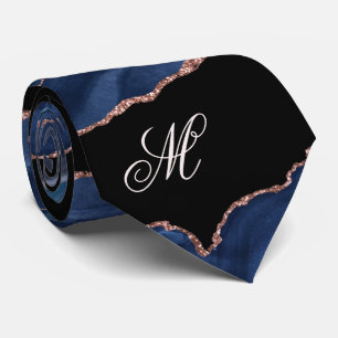 Agate Navy Blue Gold Glitter Luxury Monogram Neck  Tie