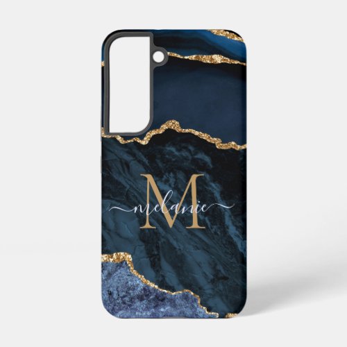 Agate Navy Blue Gold Glitter Marble Custom Name Samsung Galaxy S22 Case