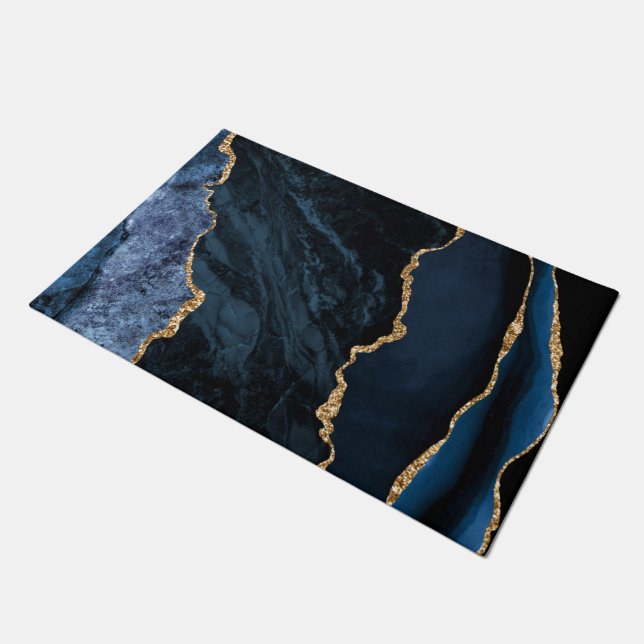 Agate Navy Blue Gold Glitter Marble Doormat (Angled)