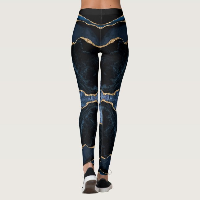 Agate Navy Blue Gold Glitter Marble Leggings (Back)