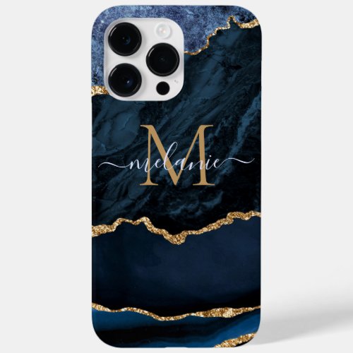 Agate Navy Blue Gold Glitter Marble Your Name  Case_Mate iPhone 14 Pro Max Case