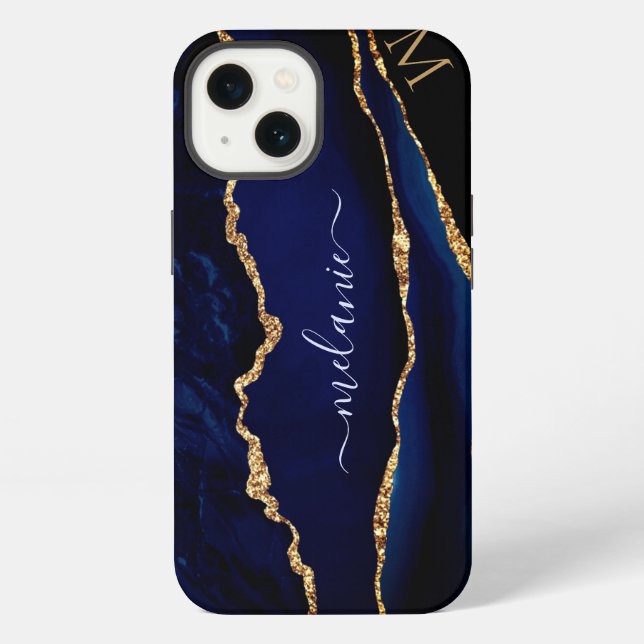 Agate Navy Blue Gold Glitter Monogram iPhone Case (Back)