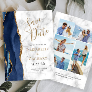 Agate Navy Blue Gold Marble 5-Photo Save the Date Invitation
