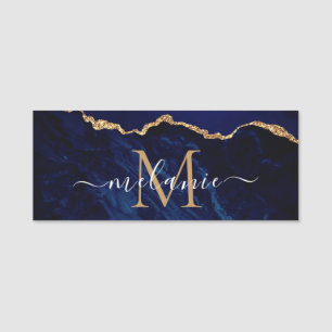 Agate Navy Blue Gold Marble Custom Letter Name Tag