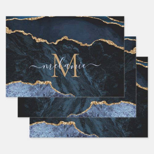 Agate Navy Blue Gold Marble Custom Name and Letter Wrapping Paper Sheets