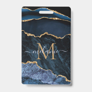 Agate Navy Blue Gold Marble Custom Name Badge