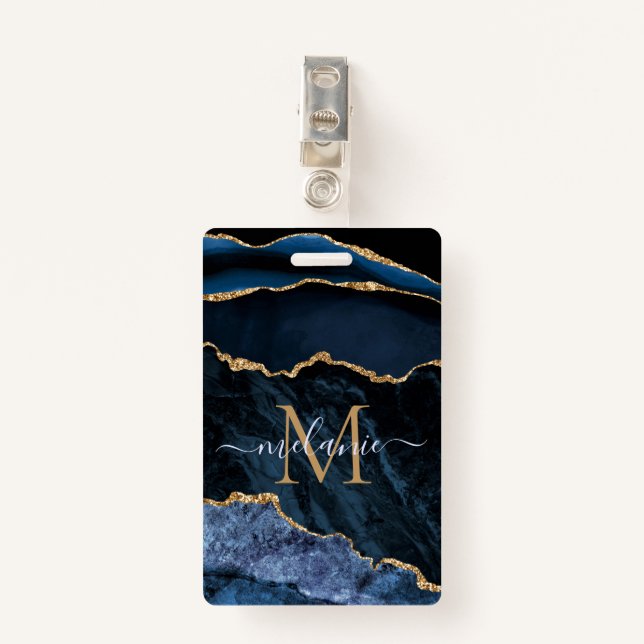 Agate Navy Blue Gold Marble Custom Name Badge (Front with Clip)