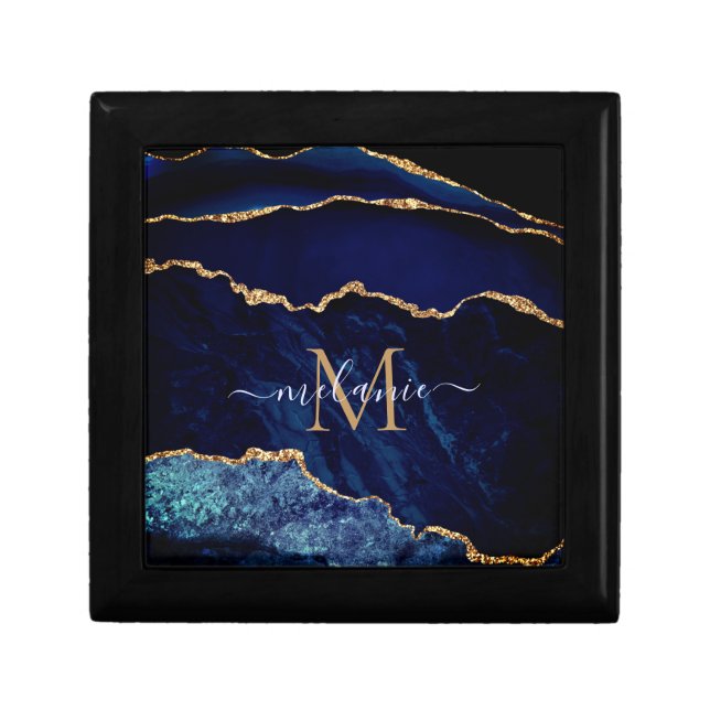 Agate Navy Blue Gold Marble Custom Name Gift Box (Front)