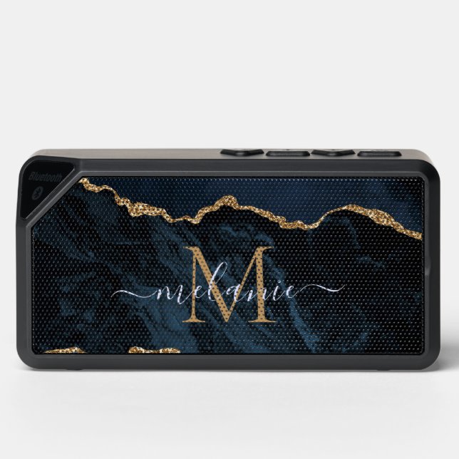 Agate Navy Blue Gold Marble Custom Name Letter Bluetooth Speaker (Front)