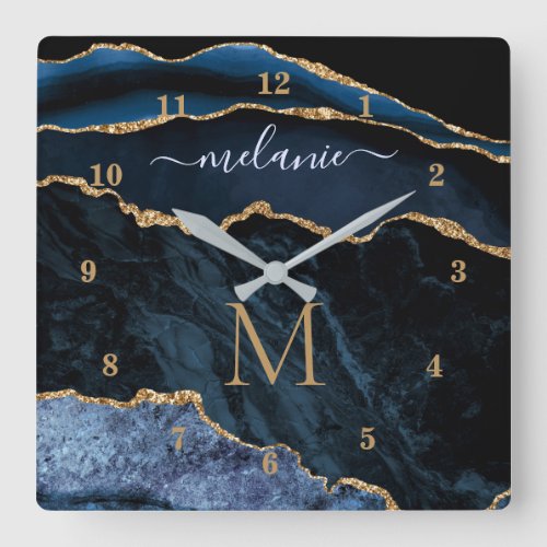 Agate Navy Blue Gold Marble Custom Name Wall Clock