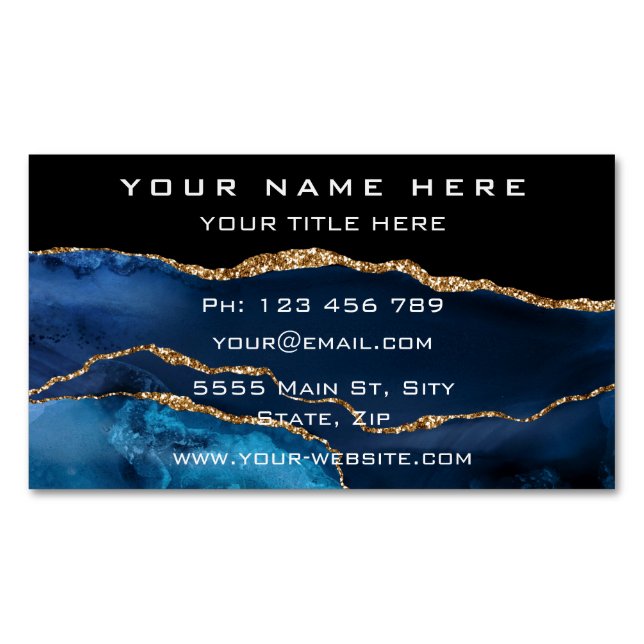 Agate Navy Blue Gold Marble Magnetic Business Card (Front)